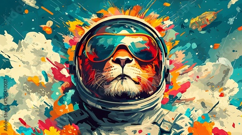 Cool lion astronaut in space, colorful art photo