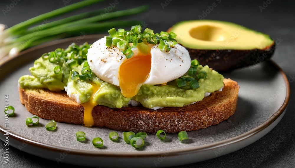 a plate of avocado toast topped with poached eggs garnished with chives and pepper a plate of avocado toast topped with poached eggs garnished with chives and pepper