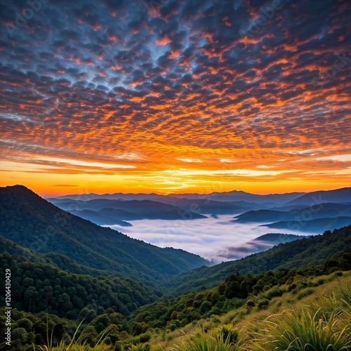 A breathtaking sunset over rolling hills, with warm orange and pink hues filling the sky, casting a golden glow over the tranquil landscape.