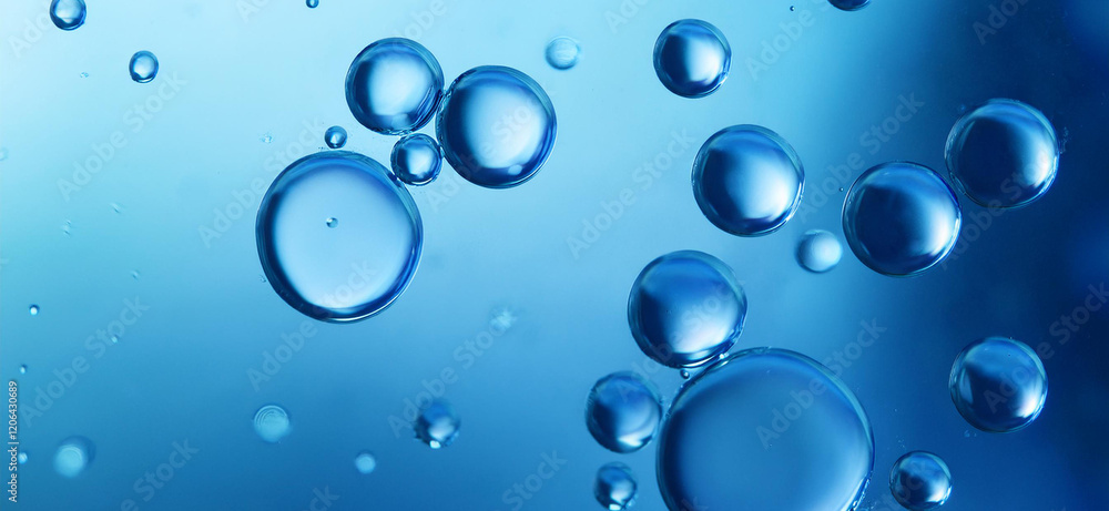 Obraz premium Blue drops and bubbles of clear water, blue abstract water background