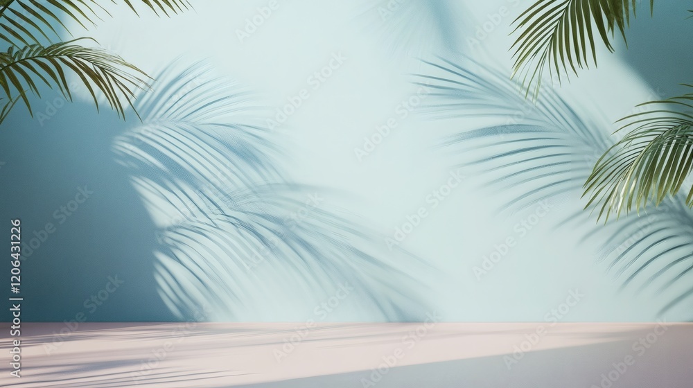 Serene Minimalist Tropical Background with Palm Shadows and Pastel Colors Serene Minimalist Tropical Background with Palm Shadows and Pastel Colors