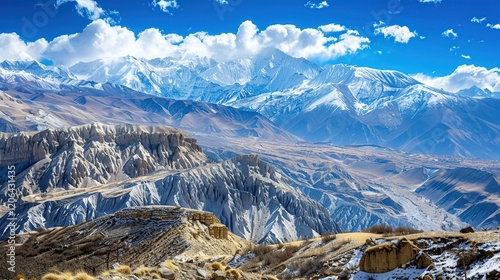 Panoramic view of the snowy mountains in Upper Mustang, Annapurna Nature Reserve photo