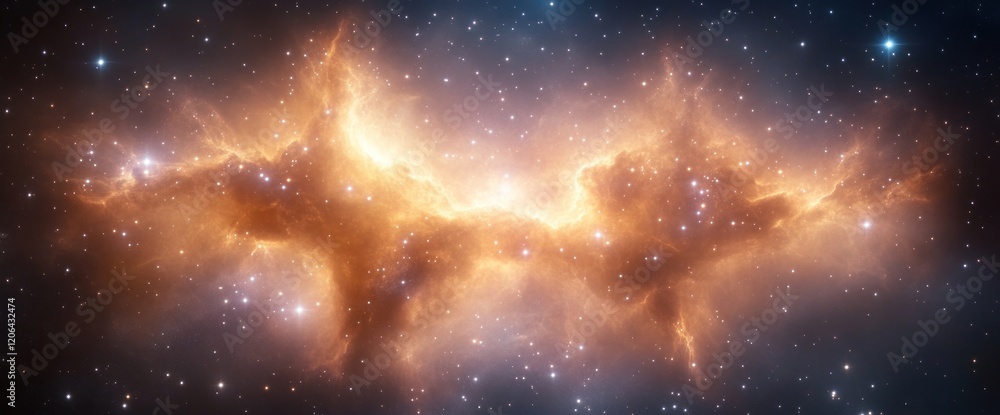 Fototapeta premium Fiery cosmic nebula with bright orange and yellow hues against a dark starry background.