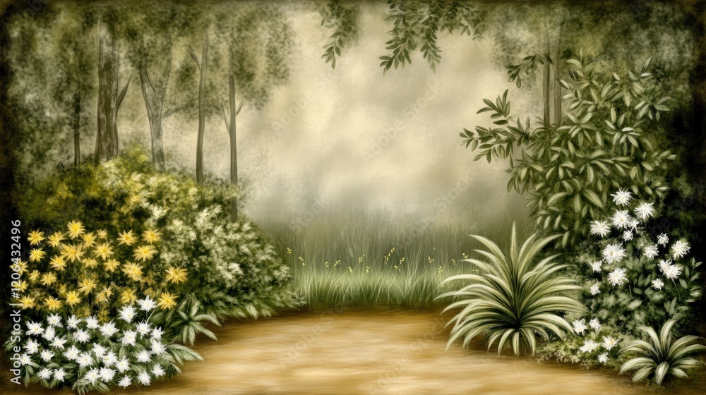 Fototapeta premium Serene forest path with lush greenery, flowers, and soft lighting.