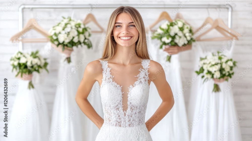 Happy bride smiling in a wedding dress shop, surrounded by white gowns and bouquets. Happy bride smiling in a wedding dress shop, surrounded by white gowns and bouquets.