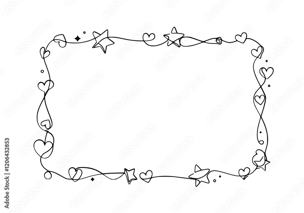 Line art border with decorative hearts and stars in a whimsical style for creative projects Line art border with decorative hearts and stars in a whimsical style for creative projects