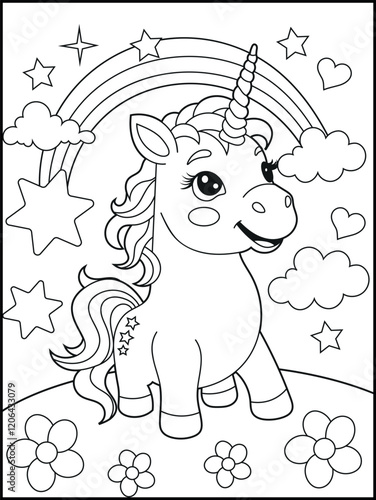 Illustration of a cute baby unicorn cartoon character. Black and white Printable Unicorn coloring page for kids.