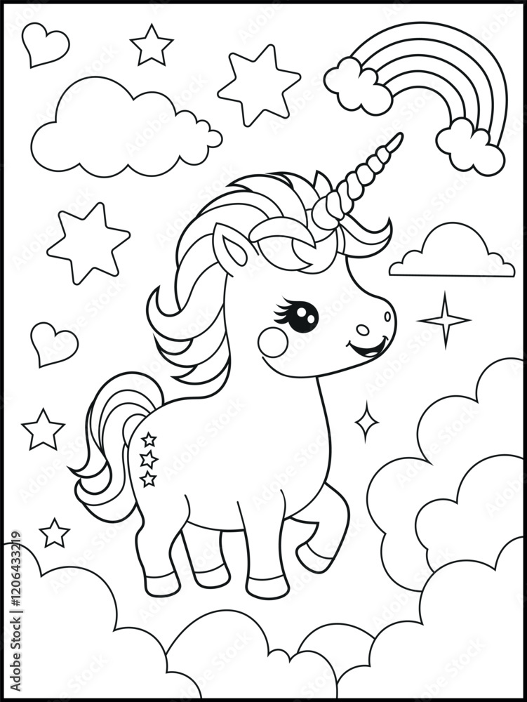 Fototapeta premium Illustration of a cute baby unicorn cartoon character. Black and white Printable Unicorn coloring page for kids.