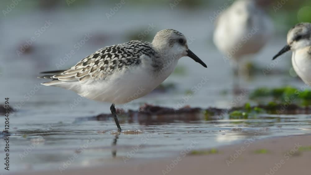 Sanderling, Calidris Alba, birds on the beach at low tide Sanderling, Calidris Alba, birds on the beach at low tide
