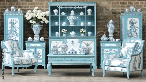 Blue and white toile patterned furniture set including chairs, cabinets, and a china hutch displayed in a room.
