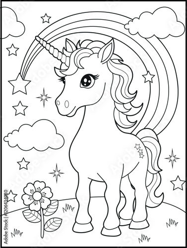 Illustration of a cute baby unicorn cartoon character. Black and white Printable Unicorn coloring page for kids.