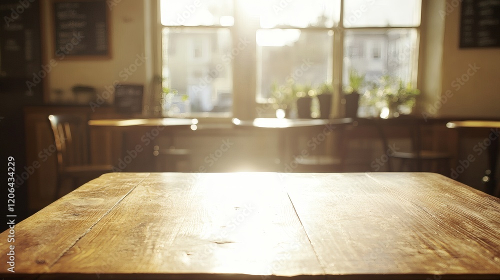Sunlit Wooden Table in a Cafe Setting Sunlit Wooden Table in a Cafe Setting