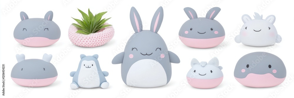 Obraz premium Adorable grey and pink animal-shaped planters and succulent pot.