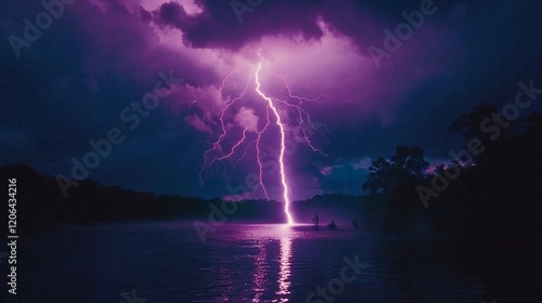 Purple Lightning Storm Illuminating Night Sky Over a Peaceful Lake photo