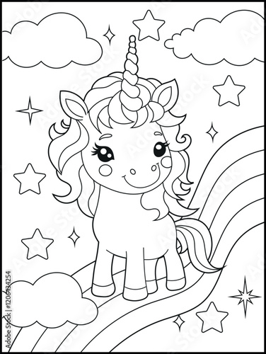 Illustration of a cute baby unicorn cartoon character. Black and white Printable Unicorn coloring page for kids.