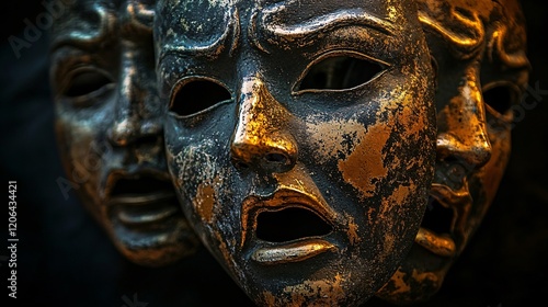 Rustic Theater Tragedy Masks Symbolizing Drama and Emotion photo