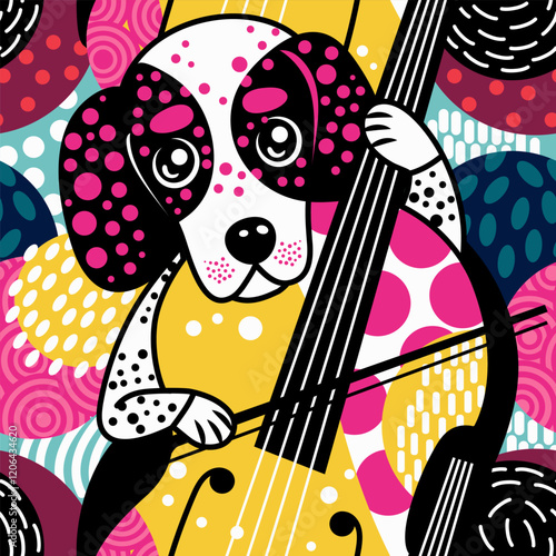 Bright dog plays the violin on the background of colorful balloons. Seamless vector pattern
