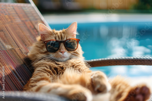 Fluffy orange cat in sunglasses sunbathing on chaise-longue near swimming pool. Summer holidays, travel and vacation with pets, relaxion, spa, resort, hotel.