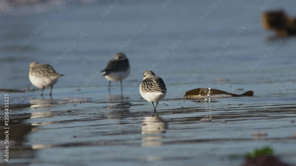 Sanderling, Calidris Alba, birds on the beach at low tide Sanderling, Calidris Alba, birds on the beach at low tide