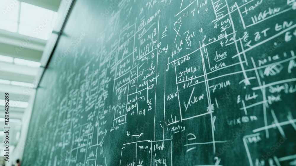 Obraz premium Close-up of a chalkboard filled with complex mathematical equations and scientific formulas.