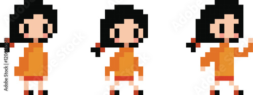 Pixel art girl 8 bit kid in orange sweater and skirt black hair in different poses vector full body
