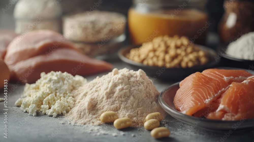 Fototapeta premium Assorted Healthy Ingredients Displayed on a Kitchen Counter with Natural Lighting and Textures
