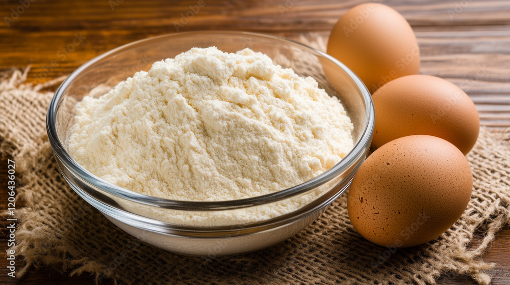 Bowl of Flour and Eggs on Wooden Table – Top View Bowl of Flour and Eggs on Wooden Table – Top View