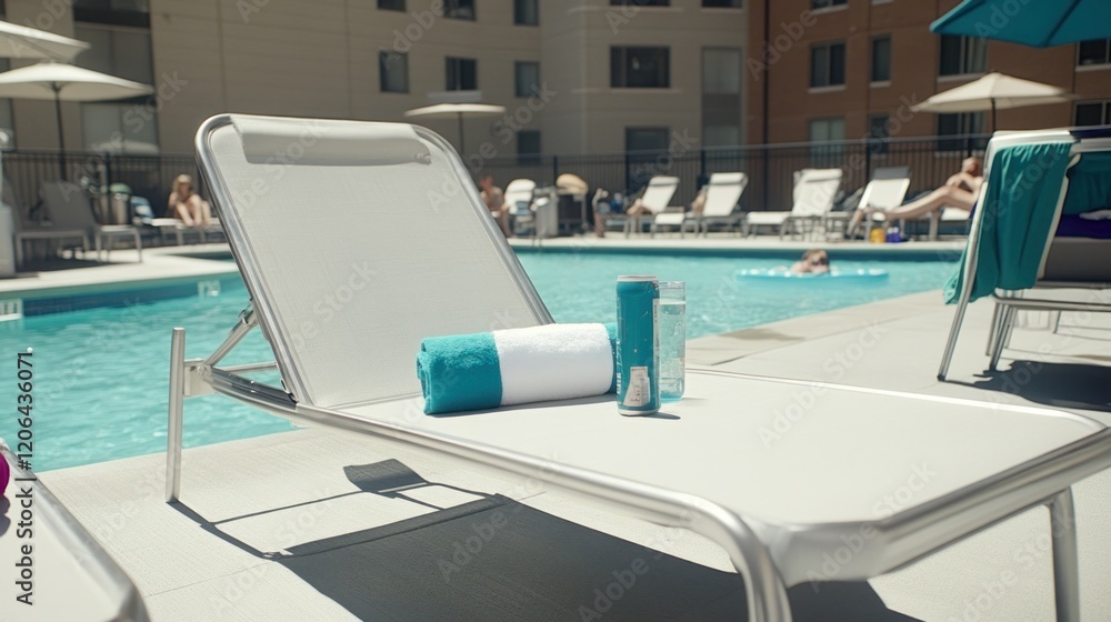 Fototapeta premium Poolside lounge chair with towels and drinks.