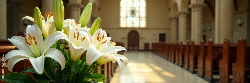 Fototapeta premium White lily arrangement in a church baptismal area, innocence, ceremony, flowers