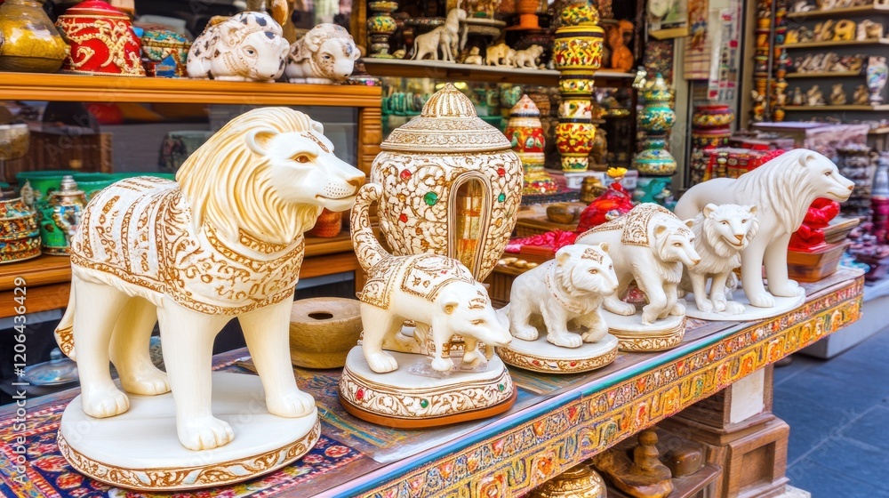 Obraz premium Ornate carved lion and tiger figurines displayed on a colorful table amongst other handcrafted souvenirs.