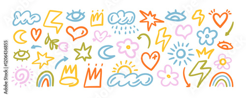 Colorful childish hand drawn doodle collection. Kid's style doodle flowers, crowns, hearts and weather icons.