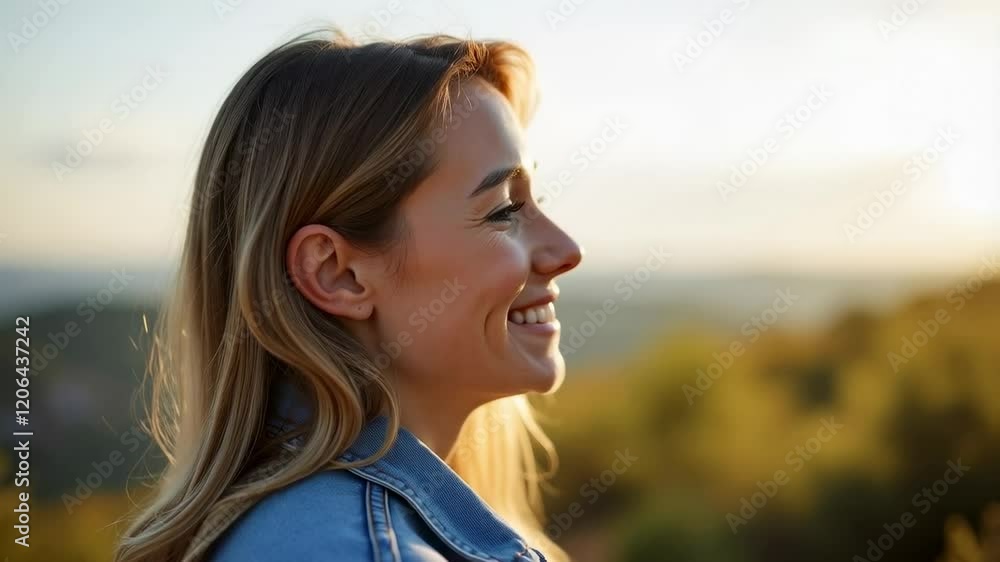 Joyful Woman Smiling in Nature During Golden Hour, Capturing the Essence of Happiness and Serenity in Beautiful Outdoor Setting Joyful Woman Smiling in Nature During Golden Hour, Capturing the Essence of Happiness and Serenity in Beautiful Outdoor Setting