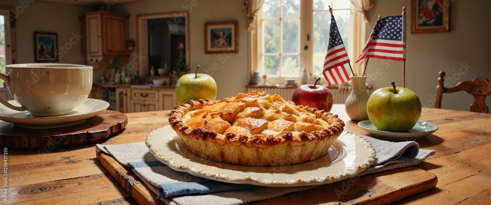 Apple pie on wooden table with American decor, Independence Day celebration Apple pie on wooden table with American decor, Independence Day celebration