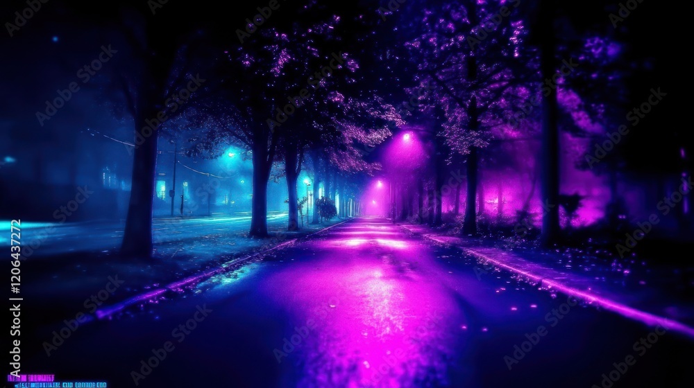 Fototapeta premium Neon-lit street at night, fog, trees, purple, blue, reflections, wet road.