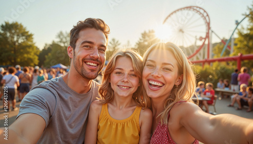 Happy family enjoying theme park fun under midday sun, joyful experience