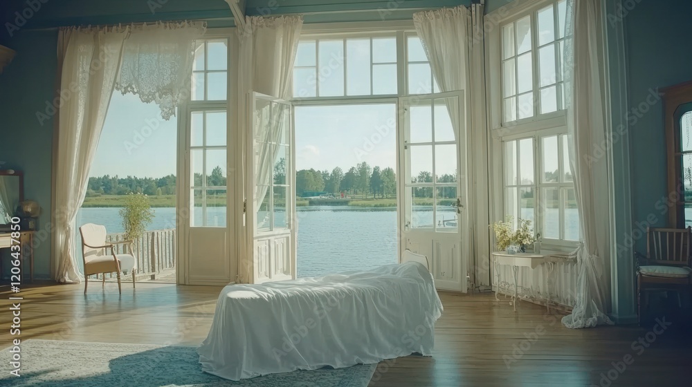 Fototapeta premium Sunlit room with lake view, chaise lounge, and French doors.