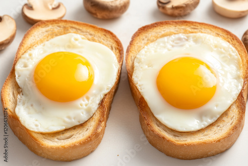 Delicious Breakfast Plate with Fried Eggs on Toast Surrounded by Mushrooms and Vegetables
