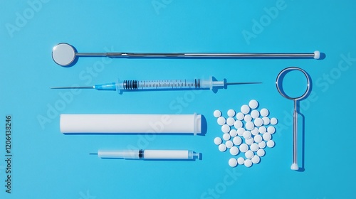 Flat Lay of Medical Tools, Pills, and Syringe on Clean Blue Background photo