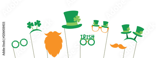 St Patrick's Day photo props, red beard, mustache, green hat, sunglasses with shamrocks, vector design elements