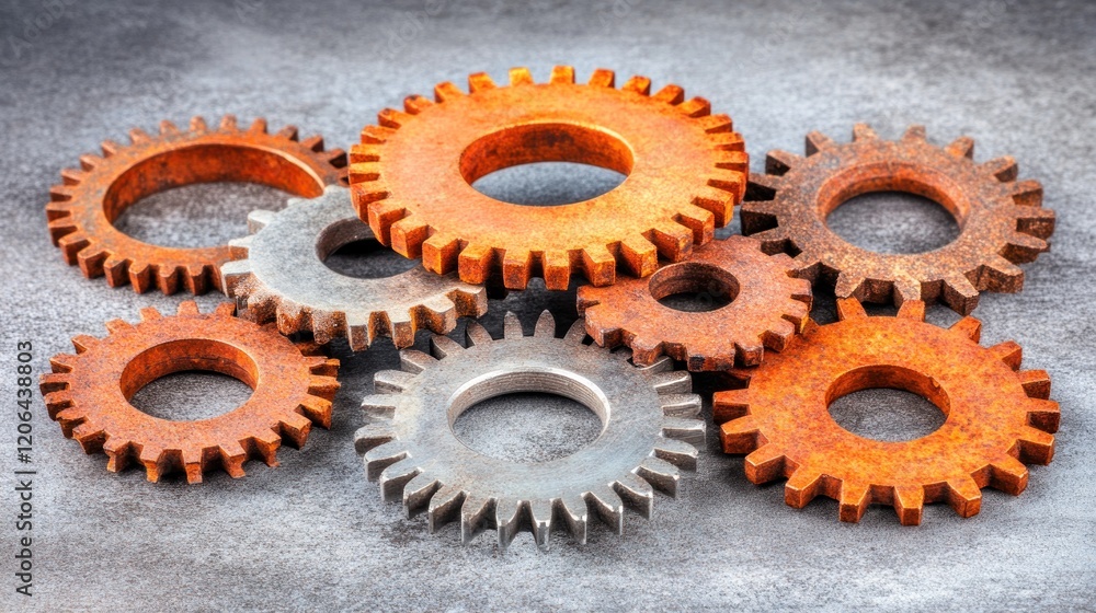 Rusty and metallic gears interlocked on a gray surface. Rusty and metallic gears interlocked on a gray surface.