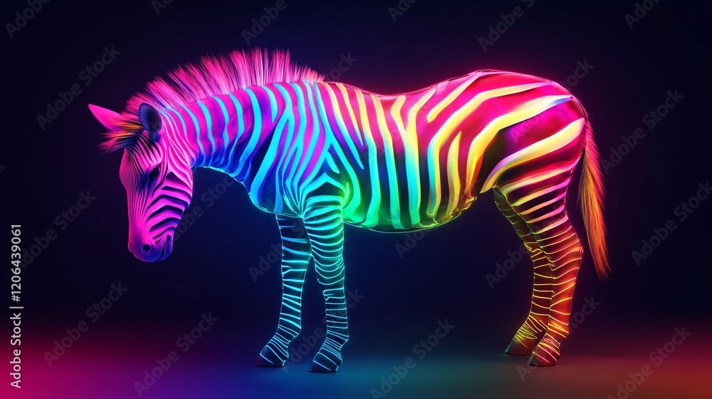 Fototapeta premium Neon Glow Zebra with Vibrant Stripes in Dark Background