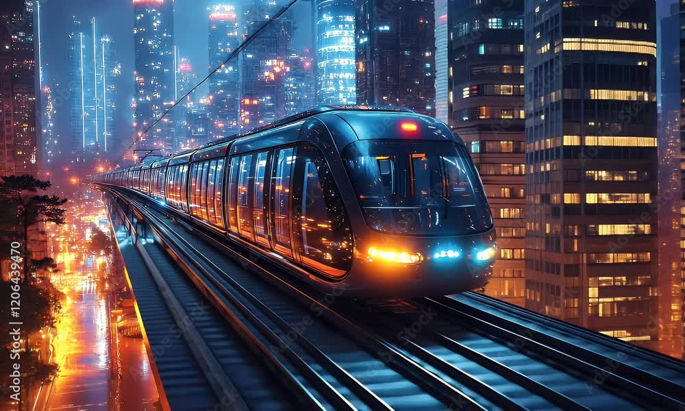 A futuristic train glides through a neon-lit cityscape at night. A futuristic train glides through a neon-lit cityscape at night.