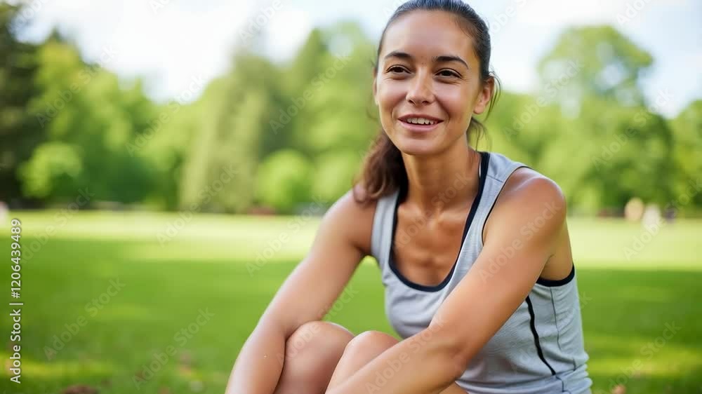 Happy Young Woman Smiling Outdoors in Athletic Wear While Sitting on Grass in a Lush Green Park during a Bright Sunny Day Happy Young Woman Smiling Outdoors in Athletic Wear While Sitting on Grass in a Lush Green Park during a Bright Sunny Day