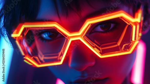 Close-Up of Neon Futuristic Glasses with Hexagonal Design and Vibrant Glow photo