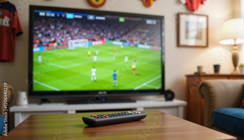 Television showing soccer game with remote on coffee table