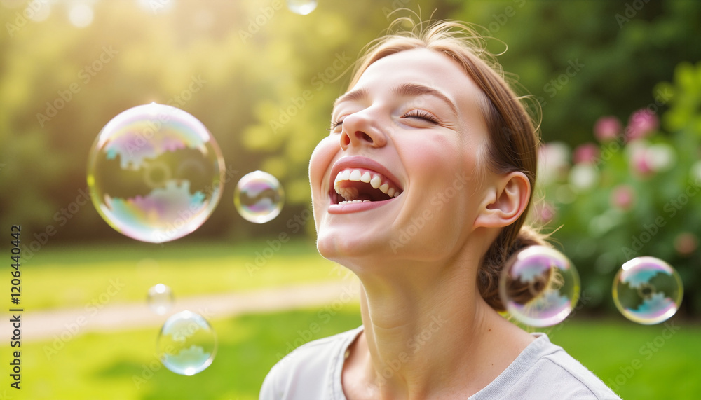 Smiling woman enjoying bubbles in a sunny garden