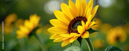 Large yellow sunflower with dark brown stem and leaves, garden, botanical