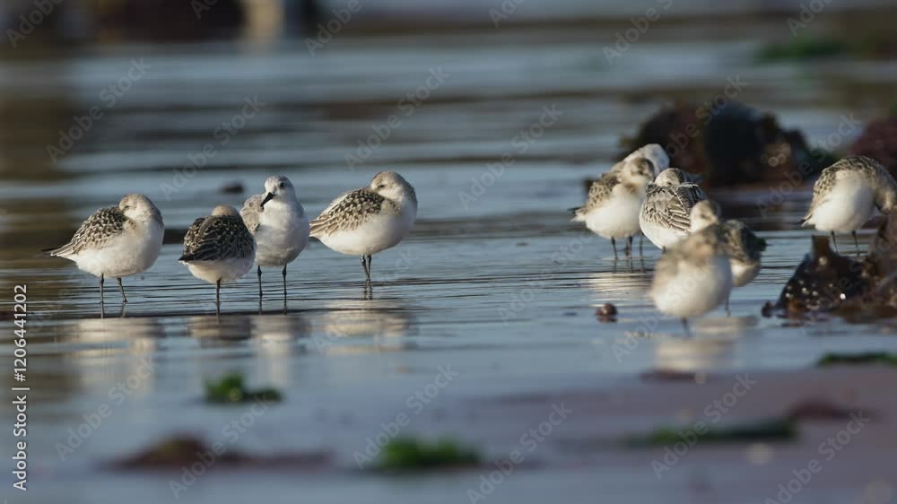 Sanderling, Calidris Alba, birds on the beach at low tide Sanderling, Calidris Alba, birds on the beach at low tide