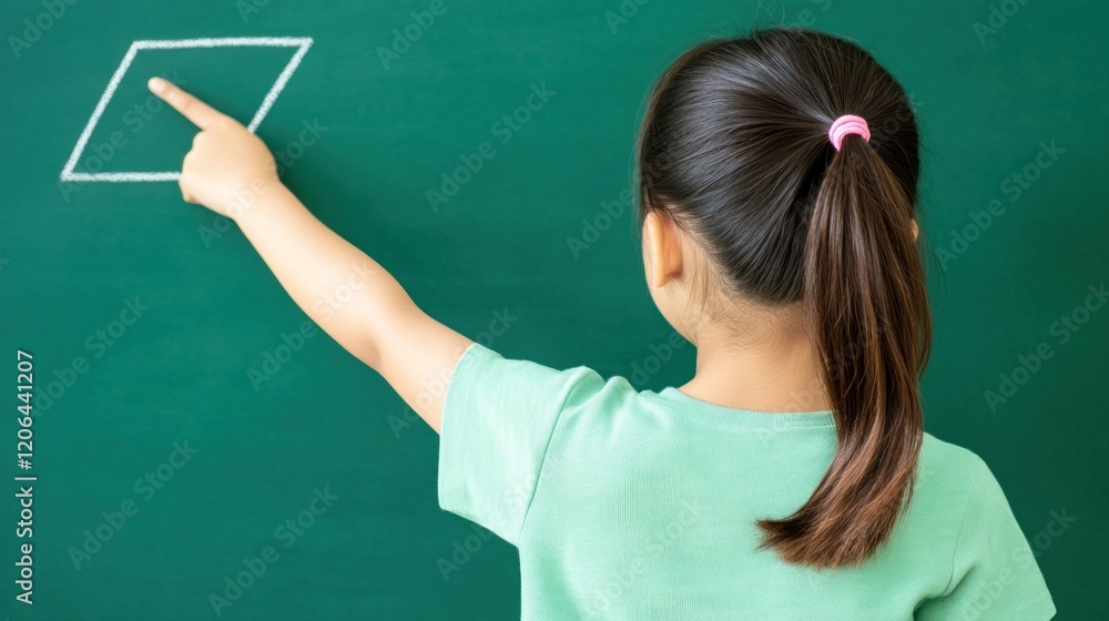 Girl pointing at parallelogram drawn on chalkboard. Girl pointing at parallelogram drawn on chalkboard.