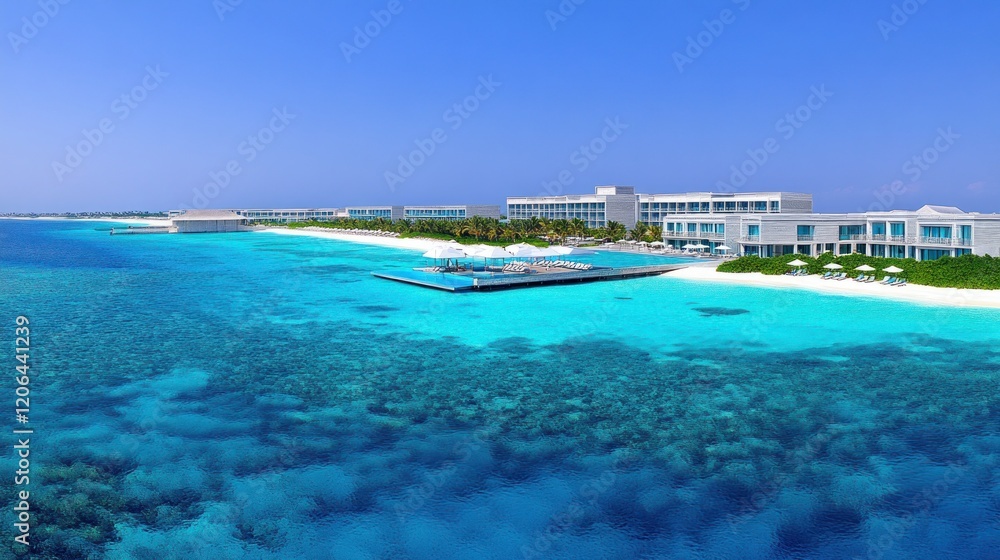 Fototapeta premium Aerial view of luxury resort on tropical island with turquoise water and coral reef.